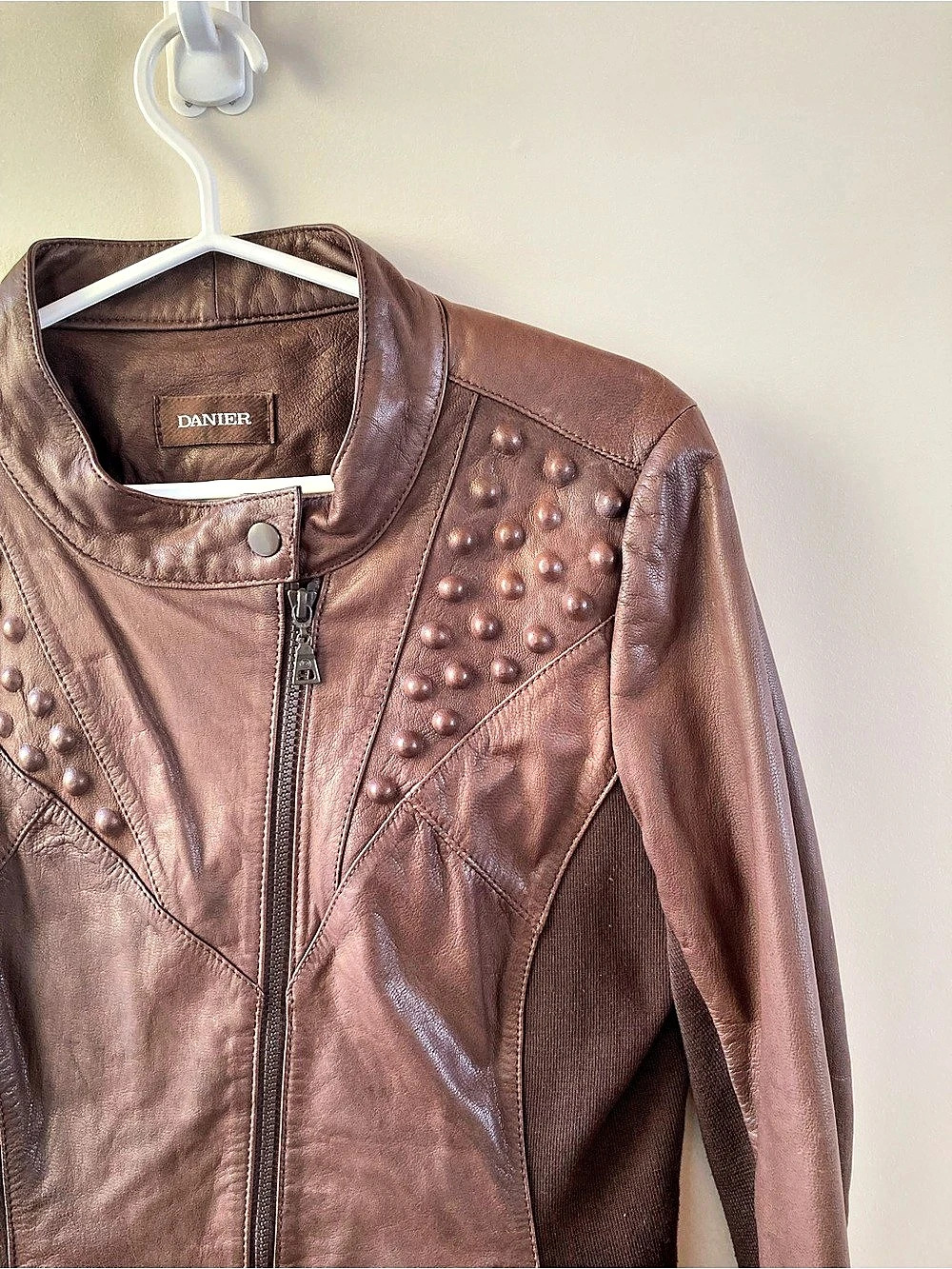 DANIER Brown Leather Studded Jacket - Size Small